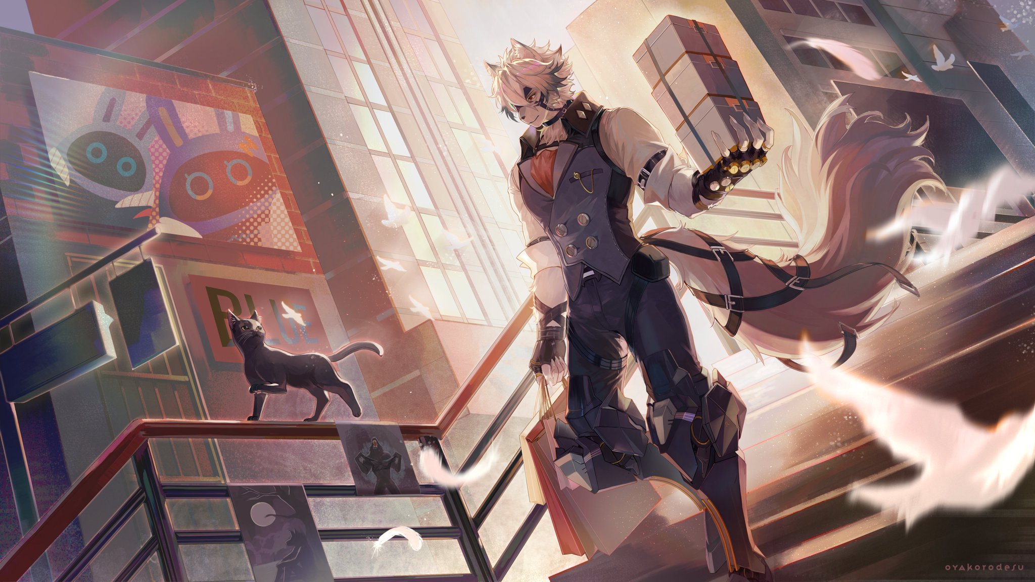 an anime male furry wolf character with white fur and white hair is standing in a city setting holding boxes of gifts and a gun. he is wearing a blue vest, black suit jacket, black pants, and black gloves. he has a white tail and is wearing boots. he is standing on a concrete sidewalk in an alleyway between buildings. there is a black cat on a railing looking up at the character. white doves are flying around the character. the sky is blue and there are some red clouds.