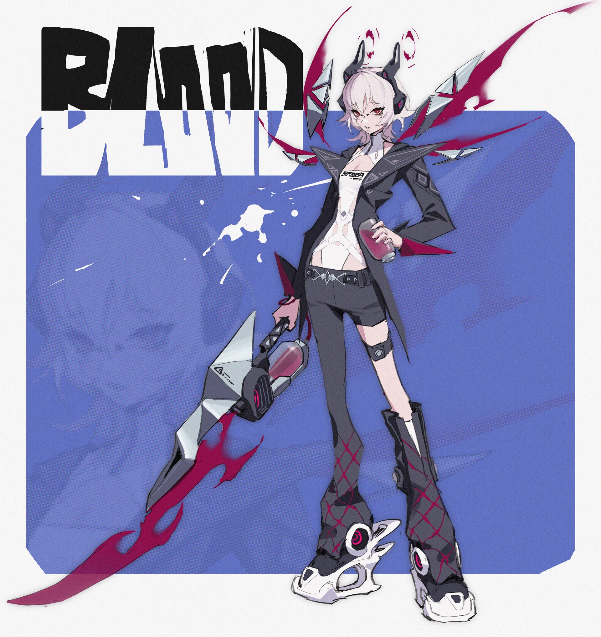 a digital illustration of an animestyle character. the character is a young woman with short, light pink hair and black horns or antennalike protrusions. she wears headphones and a black jacket over a white top, dark shorts, and unique white and black boots with futuristic design elements. she holds a peculiar weapon that appears to be a sword with a transparent chamber filled with red liquid. the background features the words "blood punk" in a stylized font and a faint, stylized image of a face. the overall aesthetic is a blend of punk, futuristic, and scifi elements.
