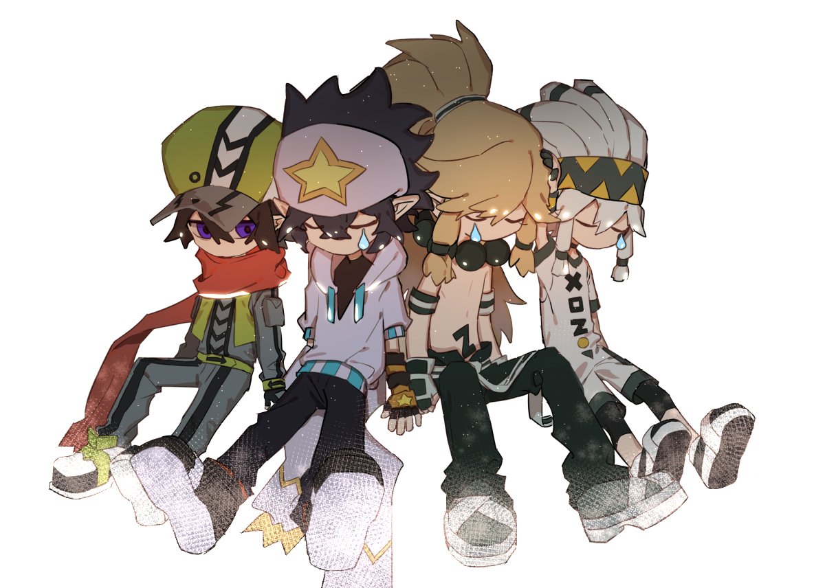 the image features four anime characters, all of whom are male and appear to be teenagers, drawn in a chibi style. they are sitting together, with their arms around each other.  all of the characters are wearing casual clothes and are crying. their emotions are clearly visible through their teary eyes and downcast expressions.