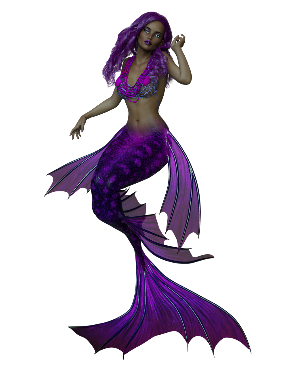 a digital art image presents a mermaid with a long purple tail and matching hair, set against a black background. the mermaid's tail features distinct fins and iridescent scales. she wears a decorative bikini top adorned with beads. her hair is styled in loose waves. the overall composition is that of a fantasythemed, digitally rendered figure.