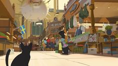 the image shows a bustling city street, likely a marketplace, from a low perspective reminiscent of a cat's view. a large, friendlylooking statue head hovers in the background, overlooking the scene. people are scattered about, shopping at various stalls and walking along the cobblestone street. the overall atmosphere is lively and cheerful, bathed in warm sunlight and populated by a colorful array of characters. a black cat in the foreground, gazing down the street, adds a touch of quiet observation to the scene.