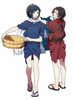 the image shows two anime male characters dressed in traditional japanese clothing. the character on the left is wearing a blue yukata with a white sash and white sandals, and is holding a wooden bucket. the character on the right is wearing a red yukata with a brown sash and black sandals. he is adjusting his yukata while looking at the character on the left. both characters have dark hair and are smiling. the image has a white background.