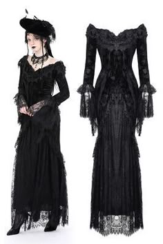 this image features two women in black gothic dresses with intricate lace details. both dresses have long sleeves, and the one on the left is slightly shorter, with a more ruffled skirt, while the one on the right has a fitted bodice and a flowing, mermaidstyle skirt. both women are wearing black hats and have an elegant, mysterious air. the image has a dark, vintage aesthetic, and the dresses are reminiscent of victorian fashion. it is a fashion photograph that emphasizes the beauty and sophistication of the gothic style.