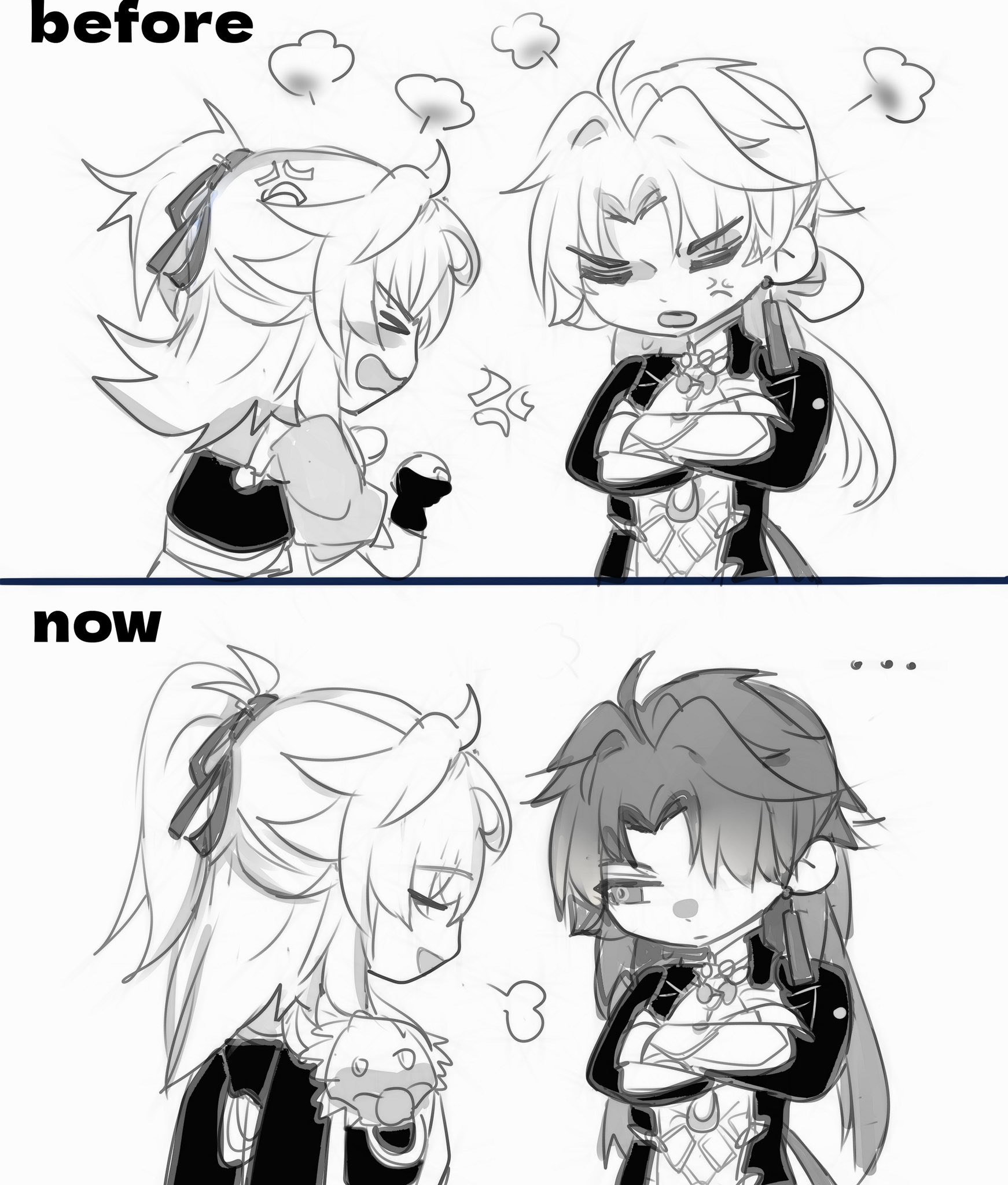 the image is a cartoonstyle illustration that shows two characters, one a girl and one a boy, in a before and after scenario. in the "before" panel, the girl is angry and holding a stuffed animal. the boy is angry with his arms crossed. in the "after" panel, the girl has a soft expression with her hair down and her stuffed animal. the boy has a softer expression as well, but his hair is still down and his arms are still crossed. the illustration depicts the relationship between the two characters changing from one of anger and conflict to one of peaceful understanding. the image is drawn in a simple, yet expressive style with clear, easytounderstand lines.