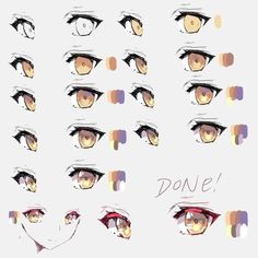 the image is a digital art tutorial on how to draw different styles of anime eyes. it features multiple rows of eyes demonstrating each step of the drawing process, from the initial sketch to the final colored and shaded eye. each step is paired with a color palette, showcasing the different shades used to achieve the desired effect. the tutorial also includes a completed eye on a portion of a face, providing context and demonstrating application.