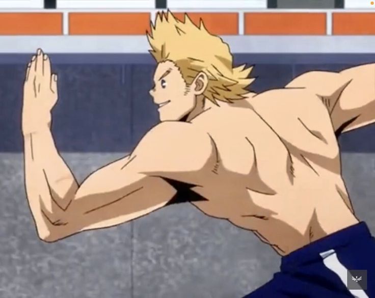 this is a dynamic illustration of an anime character, a muscular young man with blond hair. he's shirtless, showcasing defined abs and toned physique, posing in a running stance with one arm extended and the other bent. his stance suggests athleticism and energy, possibly in a training or battle scenario. the image strongly implies power and strength, emphasizing his physical abilities. the style and character design likely stem from the popular anime series "my hero academia," potentially depicting denki kaminari, given his electric quirk and appearance. the illustration uses vibrant colors and dynamic lines, capturing the character's movement and conveying his confidence and strength.
