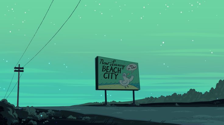 the image depicts a stylized cartoon landscape, possibly from an animated series. the most prominent feature is a roadside billboard advertising "new learning beach city," with a cartoon seagull on it. the style is minimalist with pastel green and teal tones dominating the color palette. the scene is set at dusk or twilight, with a few stars visible in the pale green sky. power lines and a telephone pole extend from the left, leading the eye towards the sign.  silhouetted hills and trees are visible in the background, suggesting a rural setting. the overall mood is calm and peaceful.  the style strongly suggests the image is from the show steven universe.