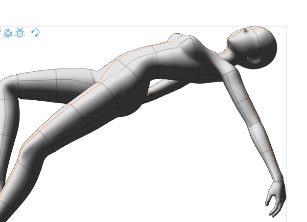 a digital rendering shows a light gray, segmented human mannequin in a floating pose. the mannequin is positioned at an angle, with its head and upper body facing the upper right corner of the frame, while its legs extend towards the upper left. orange lines accentuate the center lines of its limbs and torso. the figure is set against a plain white background. in the upper left corner are small, indistinct icons.