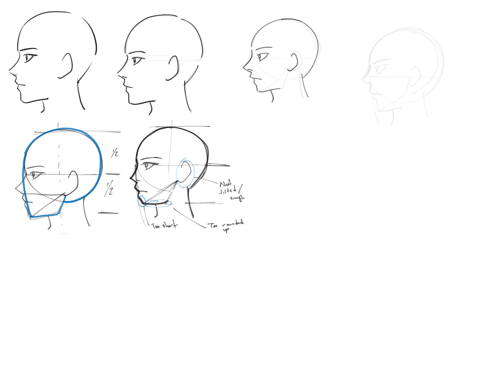 the image shows a stepbystep tutorial on how to draw a head in a side view, anime style. there are several sketches showing the different stages of construction, from basic shapes to more detailed features like the eye, nose, and mouth. construction lines and guidelines are used to ensure accurate proportions and placement of features. the tutorial also points out common mistakes and how to correct them.