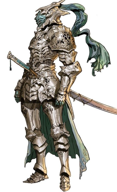a digital illustration of a knight. the knight is wearing elaborate, ornate silver armor, a teal tattered scarf, and holding a sword with a circular pommel. the style is reminiscent of japanese rpg character design.  the background is white.