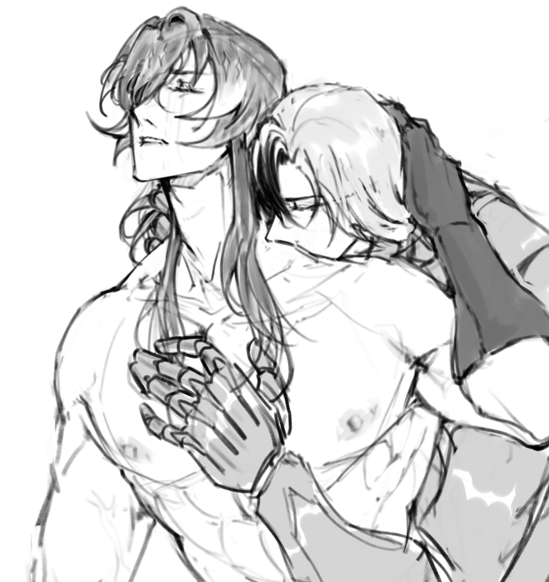 the image is a black and white sketch or drawing, possibly fanart, depicting two shirtless men in an intimate embrace.  one man has long, flowing hair, and a more muscular build. the other man has shorter hair and is leaning against and clutching the chest of the first. their expressions are somewhat melancholic or intense, suggesting a deep emotional connection. the style is reminiscent of anime or manga, with loose, expressive lines and shading. the overall mood is one of affection and possibly vulnerability. the detail is not overly precise, contributing to the sketchlike quality of the art.