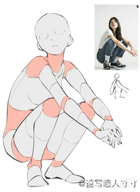 this is a drawing tutorial for sketching a female body pose. the drawing is split into two sections. the first section is a stepbystep guide to sketching a female body in a squatting position with hands clasped together in front of her. the second section is a reference image of a woman in the same squatting pose, and a simple stick figure sketch of the pose to help guide artists through the process.