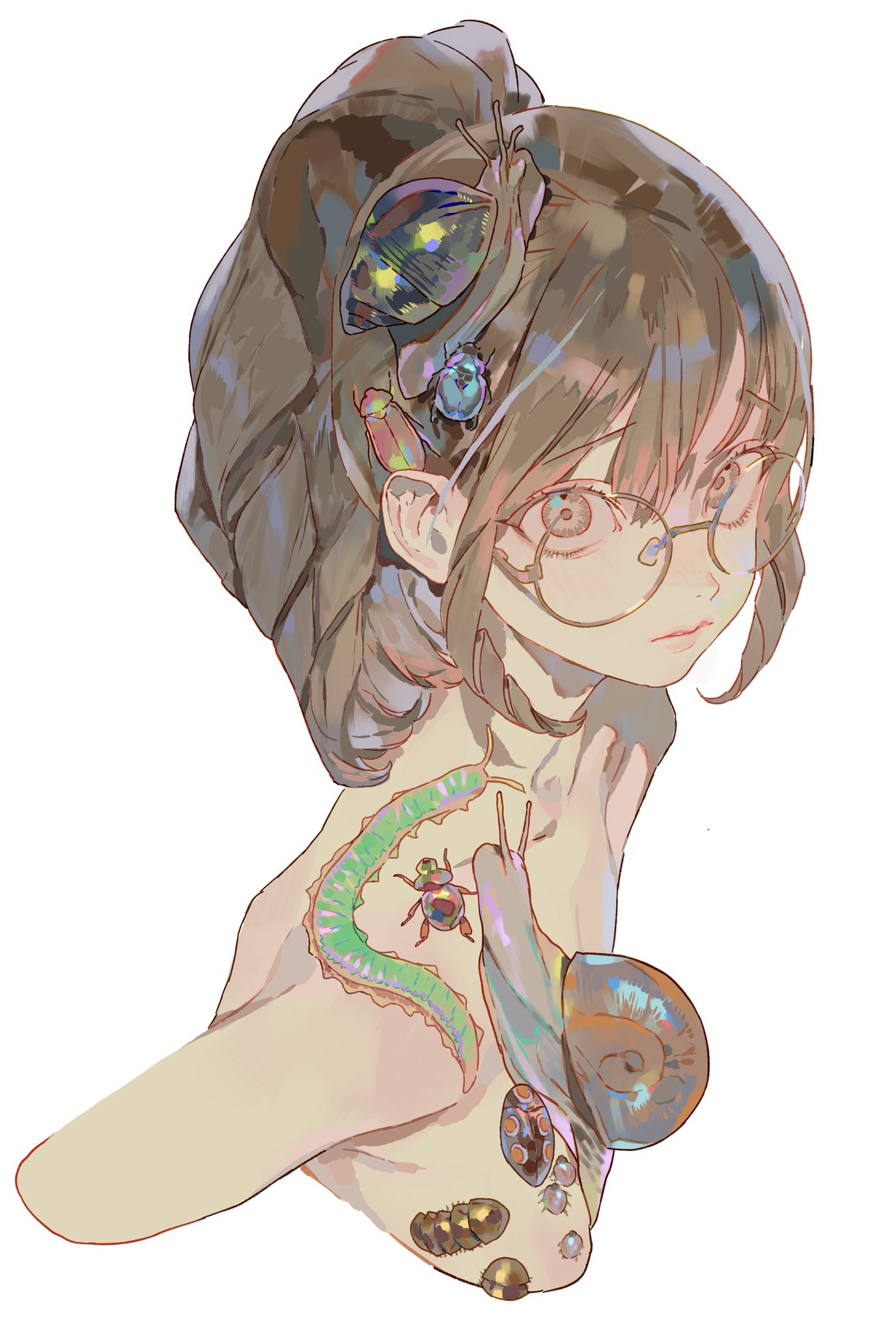 an illustration of an animestyle girl with a ponytail and glasses, with various insects and snails on her head, neck, and shoulder. the insects include beetles and a green centipede. the snails are different sizes. the style is colorful and detailed.