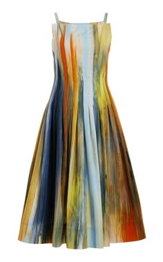 a colorful dress with abstract stripes. the dress is a sleeveless sundress with a fitted bodice and a flowing skirt. the colors are bright and vibrant, and the pattern is reminiscent of a watercolor painting. the dress would be perfect for a summer party or a day out in the sun.