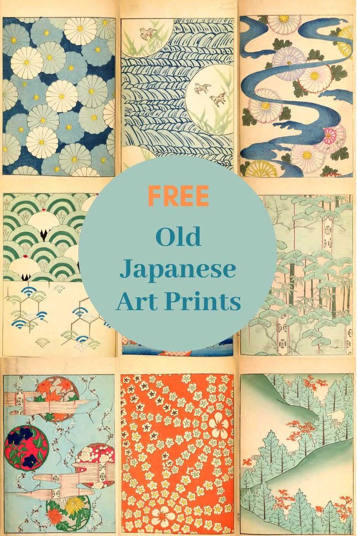 the image is a collage showcasing nine different sections of vintage japanese art prints. these prints exhibit a variety of traditional japanese motifs, including floral patterns (chrysanthemums), wave patterns, nature scenes (pine trees, mountains), and geometric designs. the prints are presented in a gridlike arrangement on what appears to be pages from an old book. a large, circular overlay in the center announces "free old japanese art prints," suggesting these images are available for free download or use. the overall aesthetic is vintage, retro, and distinctly japanese, invoking a sense of traditional art and design.