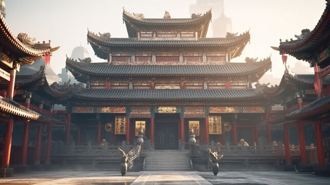 the image showcases a majestic, multitiered chinese temple bathed in the warm glow of the morning sun. its grand entrance is accentuated by a wide staircase flanked by ornate railings.  symmetrical wings extend on either side, contributing to the sense of grandeur. the courtyard, paved with large stone tiles, lies empty, emphasizing the serenity and stillness of the scene.  the architectural details, including the intricate roof design and decorative pillars, are highlighted by the soft sunlight. the color palette is dominated by earthy tones, with the golden accents of the temple standing out against the muted background.  the image evokes a sense of history, culture, and tranquility.