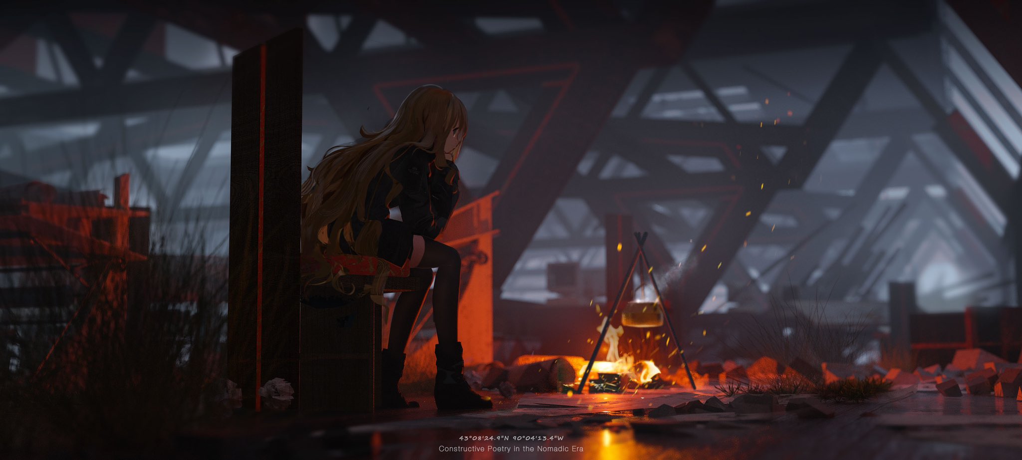 the image is a digital artwork depicting a young woman with long brown hair sitting on a ledge in a post apocalyptic wasteland. she is wearing a black jacket and pants and has her knees pulled up to her chest.  she is looking down at the fire in front of her, and her face is obscured by shadow. she has a dark expression on her face as if she's deep in thought, lost in a world that is no more. in the background, there is a large abandoned structure that appears to have been destroyed in some sort of cataclysmic event.  the building is overgrown with vegetation, giving the impression that it has been abandoned for a long time. the sky is dark and overcast, adding to the sense of gloom. the image is full of details that suggest a world that has been ravaged by war or natural disaster.