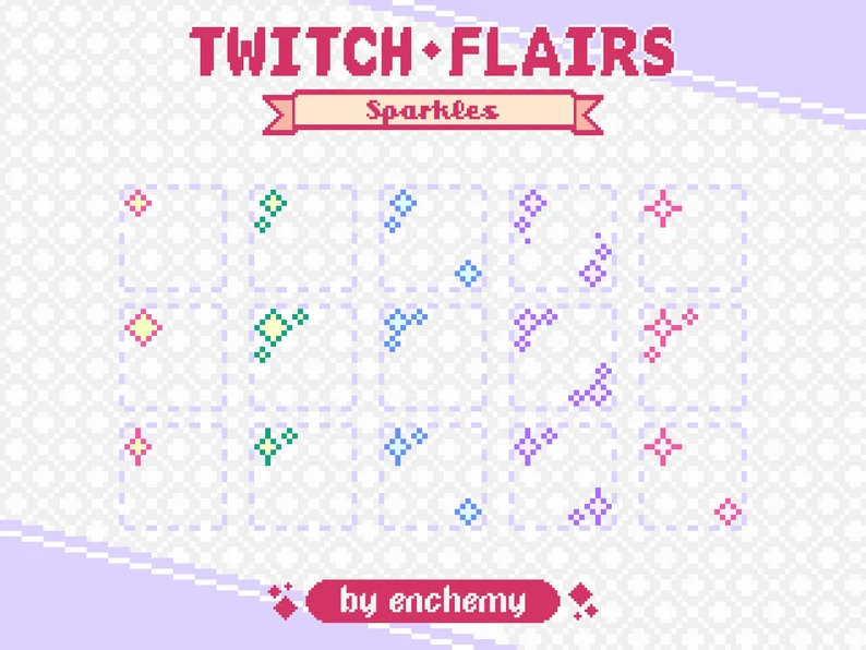 a set of sparkly twitch flairs in a pastel pixel art style. the flairs feature various sparkling animations, perfect for adding a touch of magic and fun to a twitch channel.