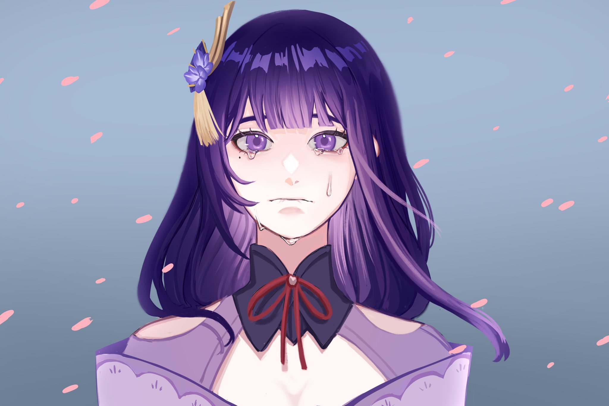 this anime girl with long purple hair, wearing a traditional japanese outfit, is crying with tears streaming down her face. she looks sad and heartbroken. the delicate flower in her hair adds to the sense of beauty and sorrow in the image.