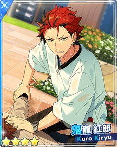 he image shows a digital illustration of an animestyle male character. he has vibrant red hair and piercing bluegreen eyes. he's dressed in a casual white tshirt and dark pants, with his sleeves rolled up. he appears to be helping another person who's fallen, grabbing their arm in a concerned manner. the background suggests a sunny outdoor setting, possibly a courtyard or park, with glimpses of greenery and buildings. the art style is vibrant and dynamic, emphasizing the character's expressions and movement.
