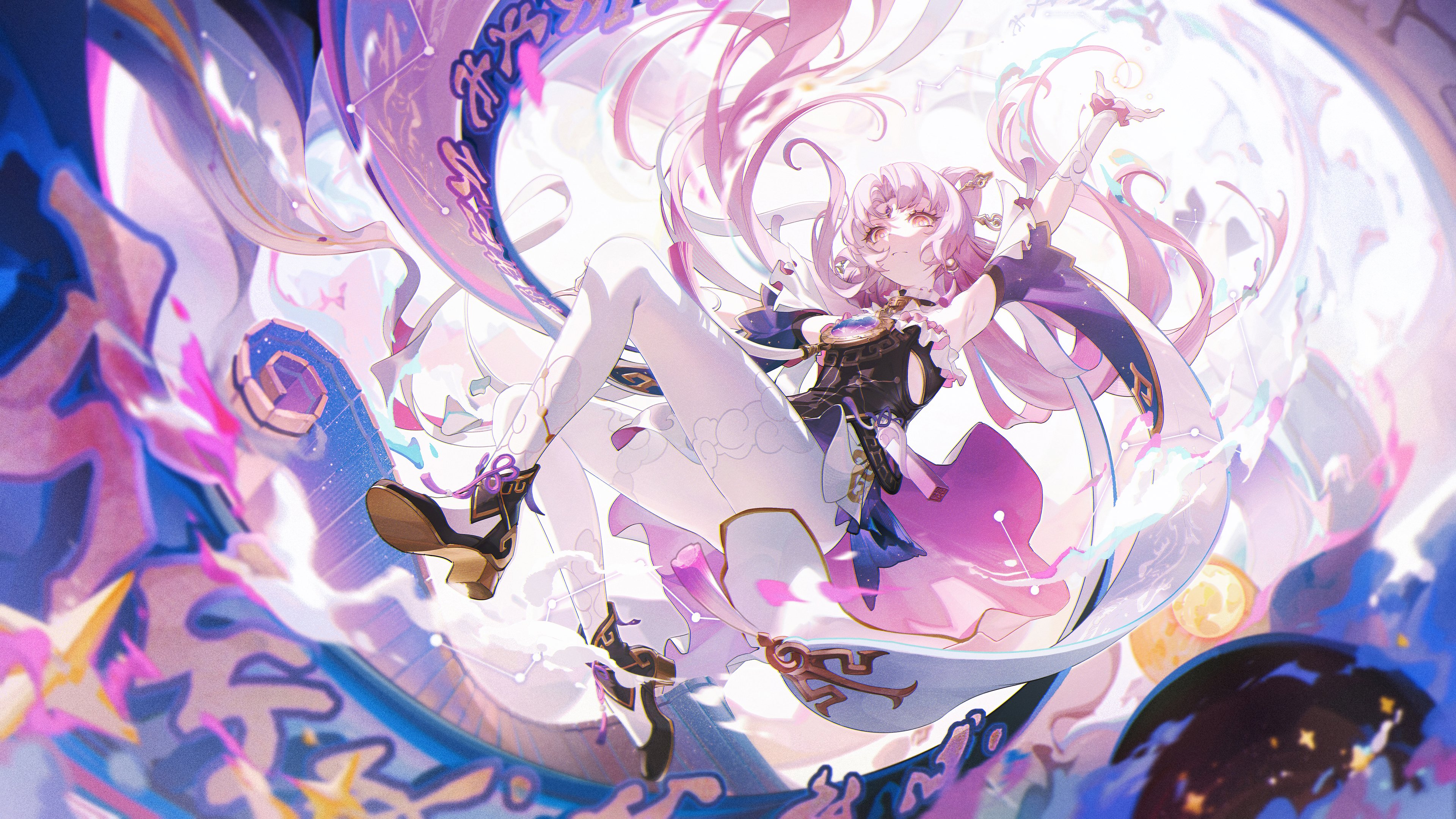he image is a vibrant and colorful digital painting or illustration of an animestyle female character. she has long, flowing pink hair and is wearing a fantastical outfit consisting of a dark top, pink skirt, and white stockings. she is depicted in midair, seemingly floating amidst a swirling nebula or cosmic scene filled with stars.  her expression is somewhat mischievous or playful, and she appears to be magically imbued, with energy swirling around her. the art style is reminiscent of anime and video game character design, possibly genshin impact given the character's appearance.  the overall aesthetic is dreamy, ethereal, and magical.