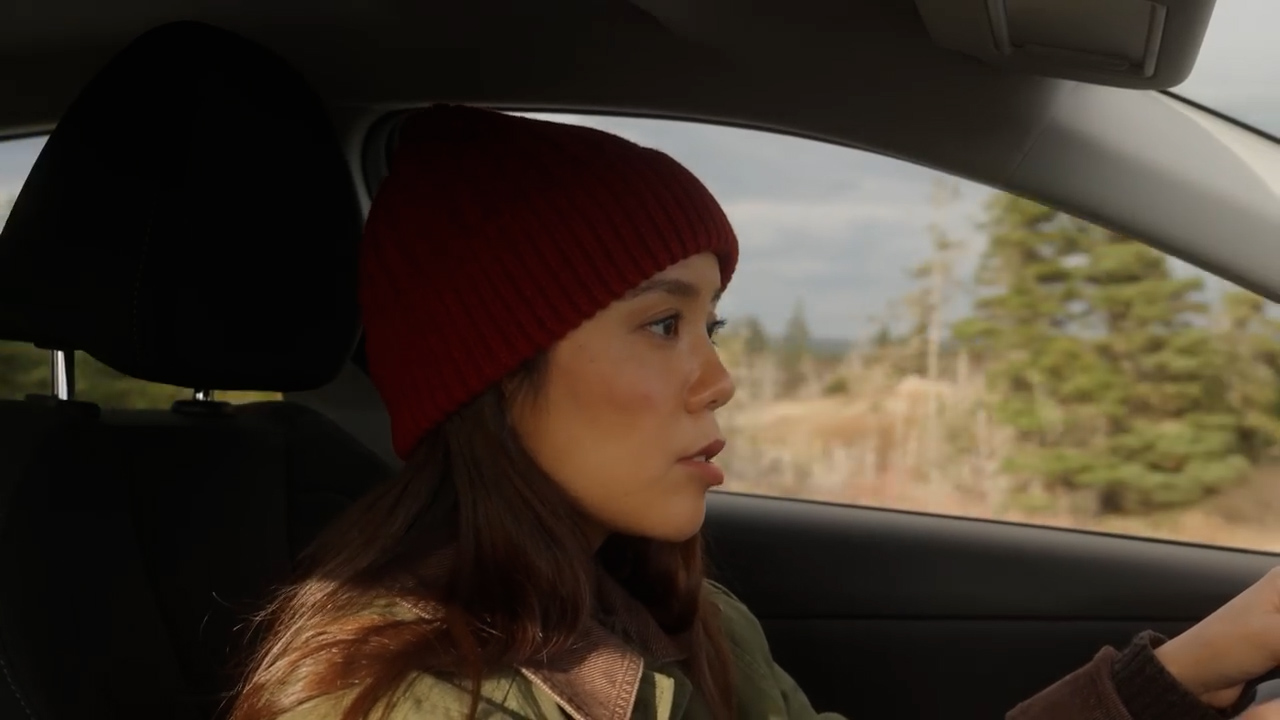 a young woman with long brown hair and wearing a red beanie is driving a car. she is looking to the right, with her hands on the steering wheel. the car is driving through a forest, and the trees and sky are visible through the passengerside window. the lighting is natural and sunny.