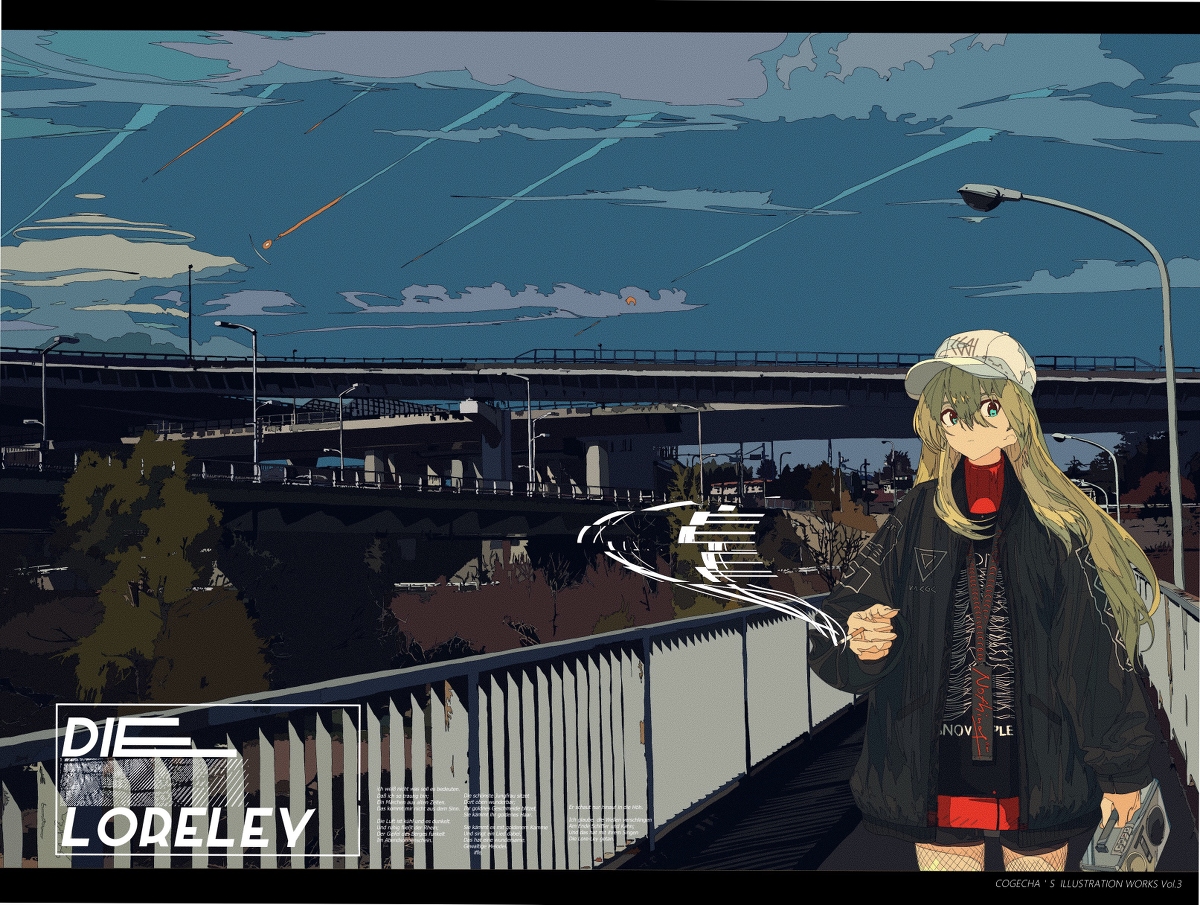 the image is a digital illustration of an animestyle girl standing on a pedestrian walkway over a busy highway.  she's dressed in modern streetwear: a black jacket, red shirt, and baseball cap. her long blonde hair flows behind her.  the background is a stylized cityscape at dusk or evening, with a dramatic sky featuring streaks of what appear to be meteors or falling stars. a large overpass dominates the background. the overall style is a blend of anime and a more painterly, expressive approach to digital illustration, giving a somewhat melancholic, yet fashionable mood.  the text "die loreley" is prominently featured in the lower left corner. the artist's signature "cogecha's illustration works vol.3" is visible in the lower right corner.