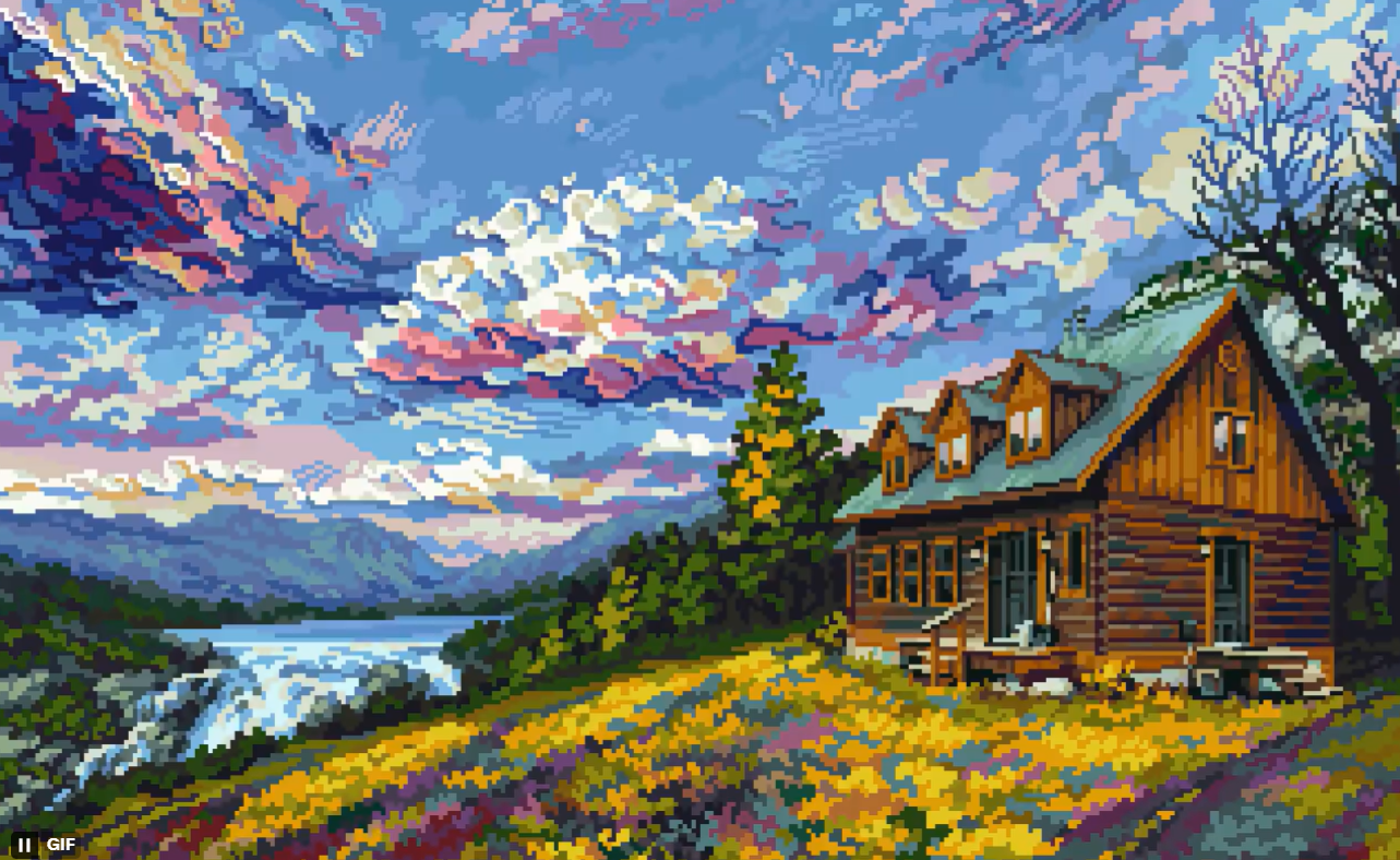 the image is a pixel art depiction of a tranquil landscape featuring a rustic log cabin nestled in a field of wildflowers. the cabin is a prominent feature in the foreground, showcasing its wooden construction and detailing.  behind the cabin, a serene lake is partially visible, with a waterfall cascading into it. rolling mountains create a stunning backdrop, and the sky is a masterpiece of vibrant colors indicating either sunrise or sunset, with a mixture of dark and light clouds adding drama to the scene. the overall style is highly reminiscent of 8bit or 16bit video game graphics, showcasing a blend of nature and architectural elements with a nostalgic and charming effect.  the colors are rich and saturated, particularly in the sky and the wildflowers.