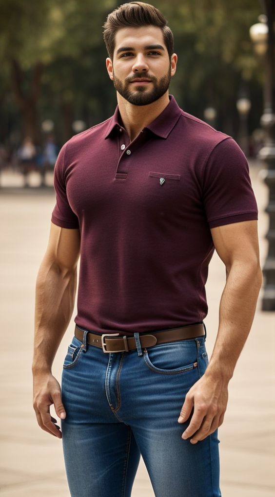 a muscular, handsome man poses outdoors in a maroon polo shirt and blue jeans, exuding confidence and style.