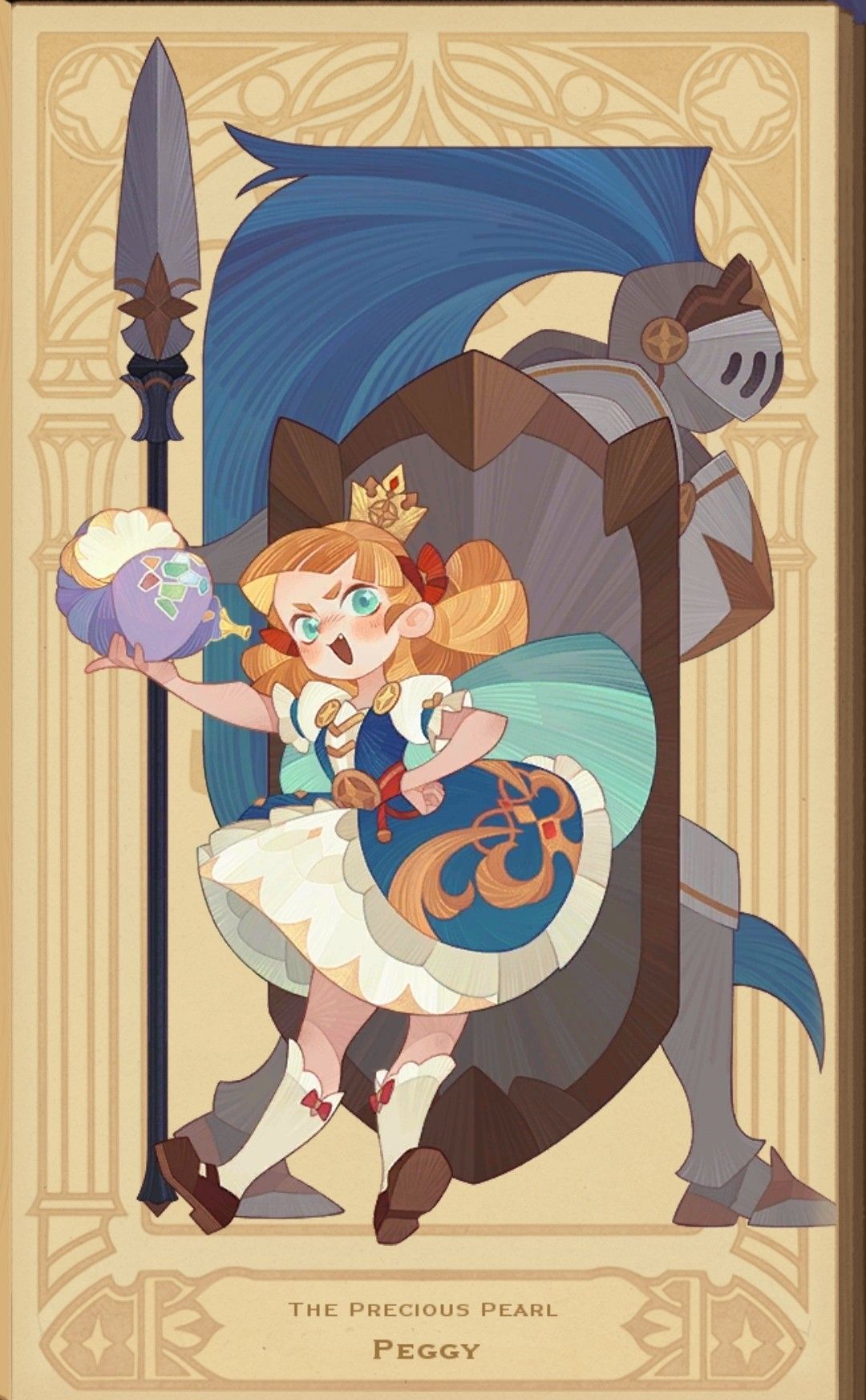a cartoon illustration of a young girl, labeled "peggy, the precious pearl," standing in front of a knight. she is holding a pearl in one hand. the background is a warm yellow with a castlelike design. the illustration has a storybook feel.