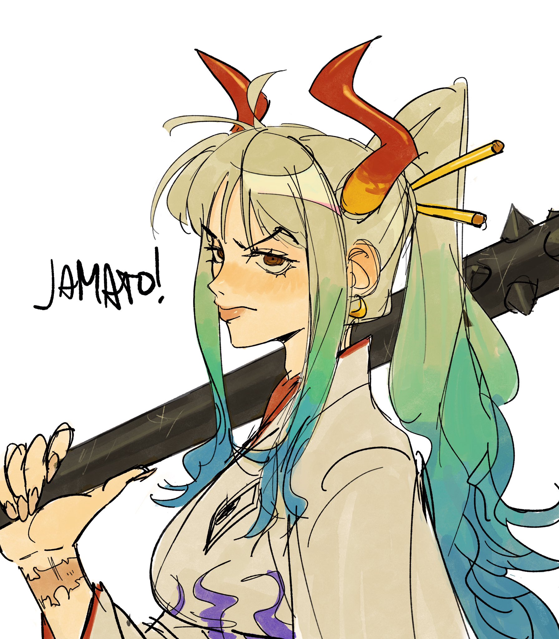 the image is a piece of fanart depicting yamato from the anime and manga series one piece.  it's a stylized sketch or digital painting, characterized by loose lines and expressive color choices.  yamato is portrayed from the shoulders up, holding a large kanabo (a type of spiked club) across her shoulder.  she has distinctive horns, long teal and blonde hair styled in a ponytail with decorative sticks, and is wearing a lightcolored kimono or haoristyle garment.  her expression is serious and confident. the word "yamato!" is written in stylized lettering next to her head. the art style is modern and somewhat rough around the edges, maintaining a sense of movement and energy.  there are subtle details in the artwork such as a tattoo on her arm.
