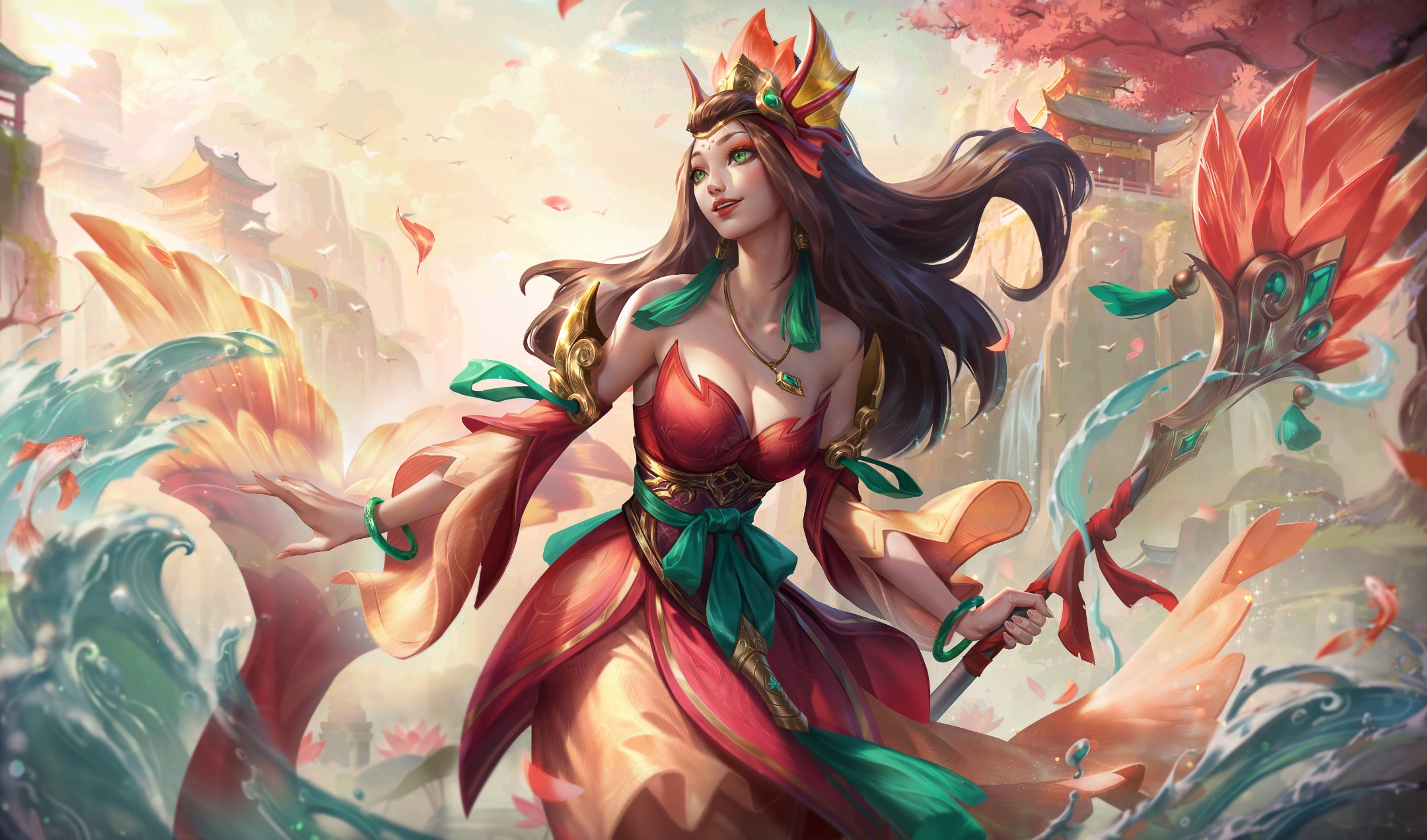 this is a digital painting of a beautiful woman from a fantasy video game. she is wearing a colorful chinesestyle kimono with intricate gold and green details, and her long brown hair is flowing behind her. she has a crown on her head, and she is holding a staff with a flowerlike shape at the top. she is standing in front of a beautiful scenery of water, clouds, and a mountain in the distance. the overall tone of the artwork is magical and mystical.