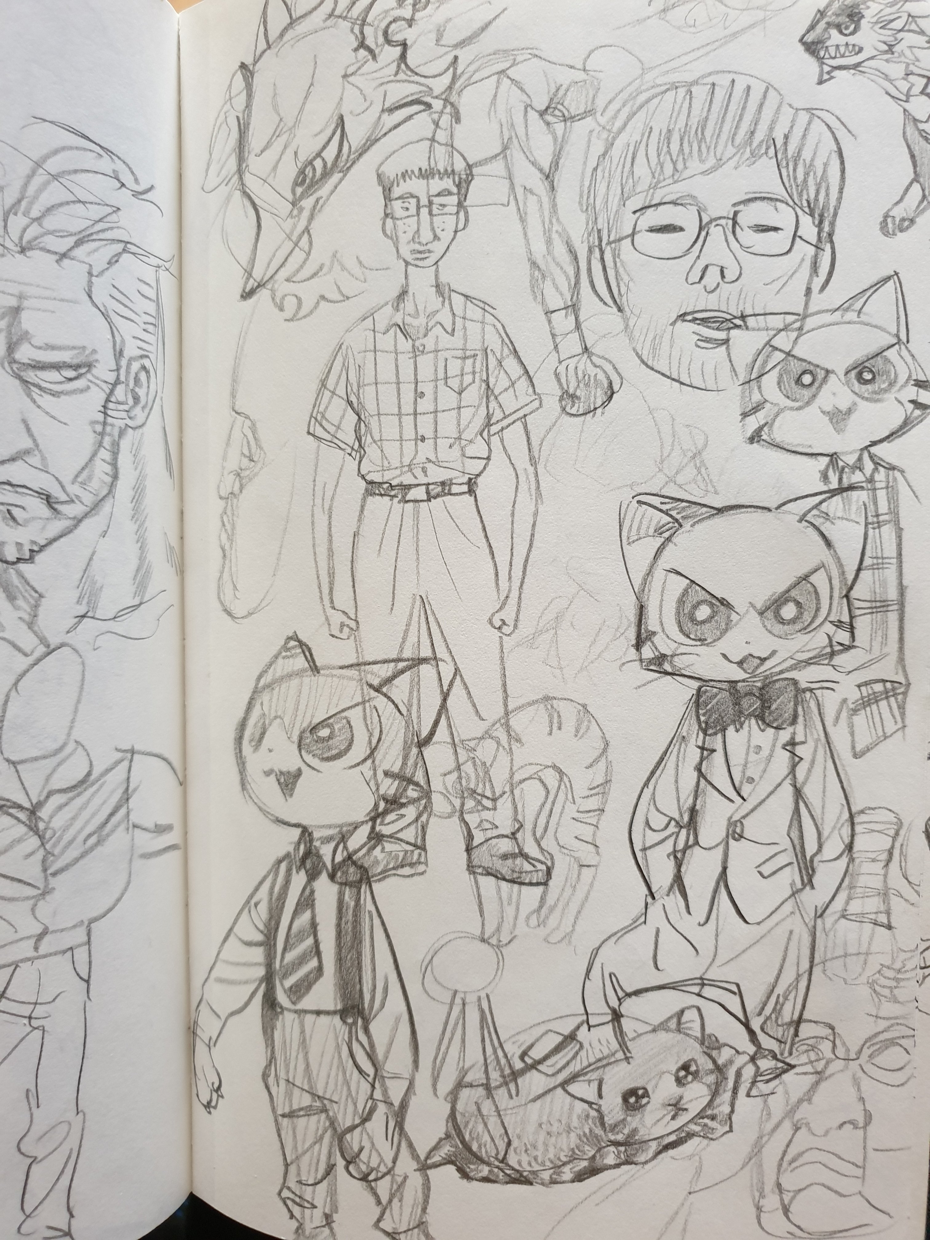 this is a messy, handdrawn sketch of a variety of characters, drawn in pencil on a sheet of notebook paper. in the background are drawings of a human with plaid shirt, and a person with black hair and a white shirt, both facing forward. in the foreground are several drawings of cats, anthropomorphized and wearing clothes, and a cat wearing a bow tie and a suit.