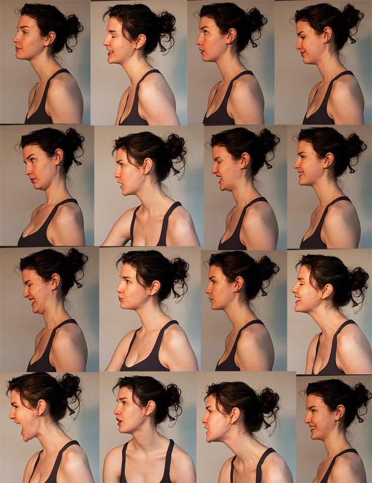 a collage of 18 photos of a young woman with dark hair in a bun, wearing a black tank top,  in various poses and looking at the camera. the background is gray.