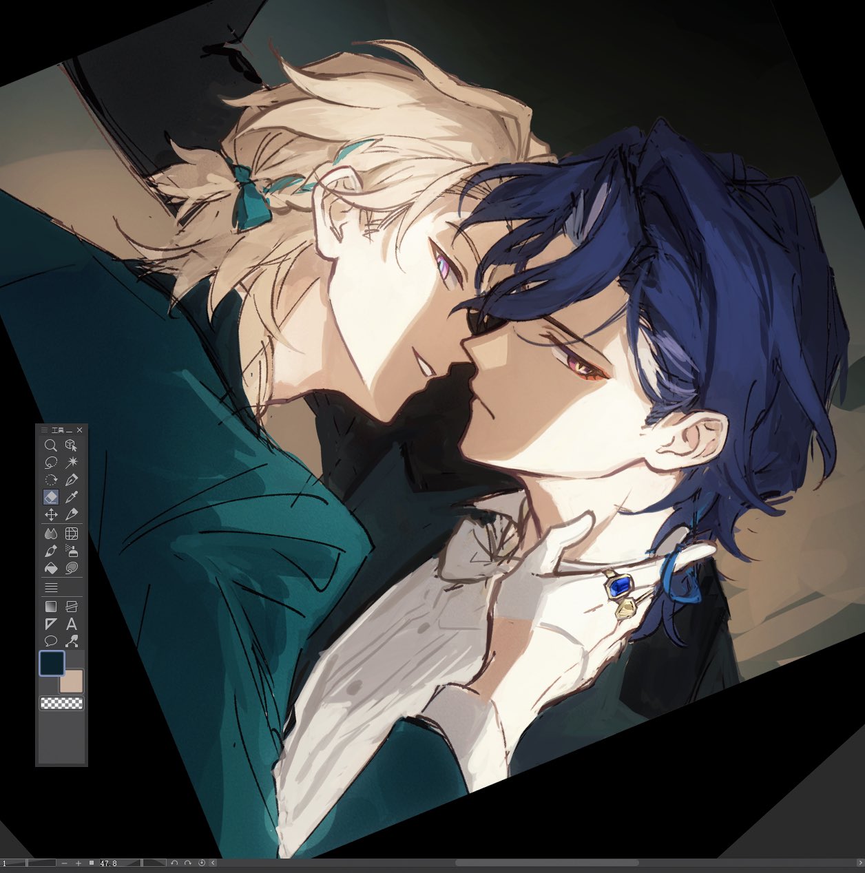 the image is an animestyle drawing of two men about to kiss. the man on the left has blonde hair and purple eyes. the man on the right has blue hair and red eyes. the man with blue hair has a hand around the other man's neck. he's wearing a ring and white glove. they're both wearing suits.