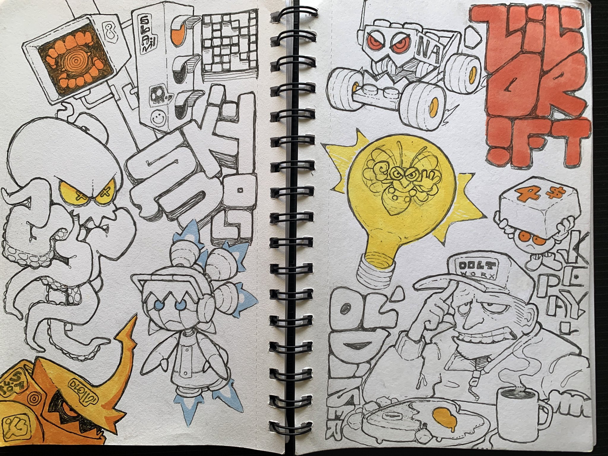 a sketchbook is open to two pages of drawings. the drawings are in black ink and colored in with yellow and blue markers. the drawings are in a cartoon style and feature robots, monsters, and other characters. the drawings are inspired by video games and graffiti art.