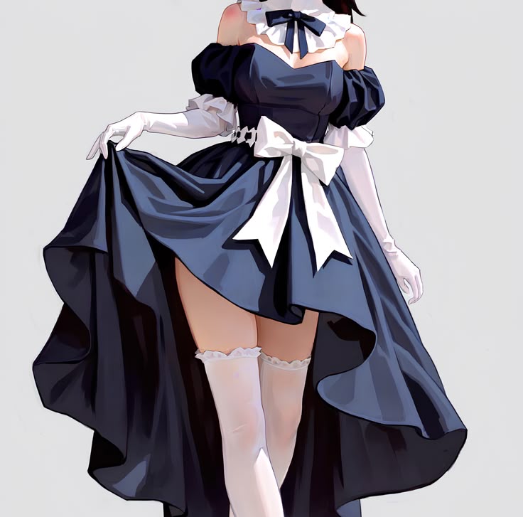 this is a digital illustration of an anime girl dressed in a maid outfit. she is wearing a black and white dress with frills, white gloves, and white stockings. she has a bow in her hair and is looking down. the background is a plain white. the image is stylized and gives the impression of a beautiful and elegant woman.  the style of the art is very detailed and lifelike.