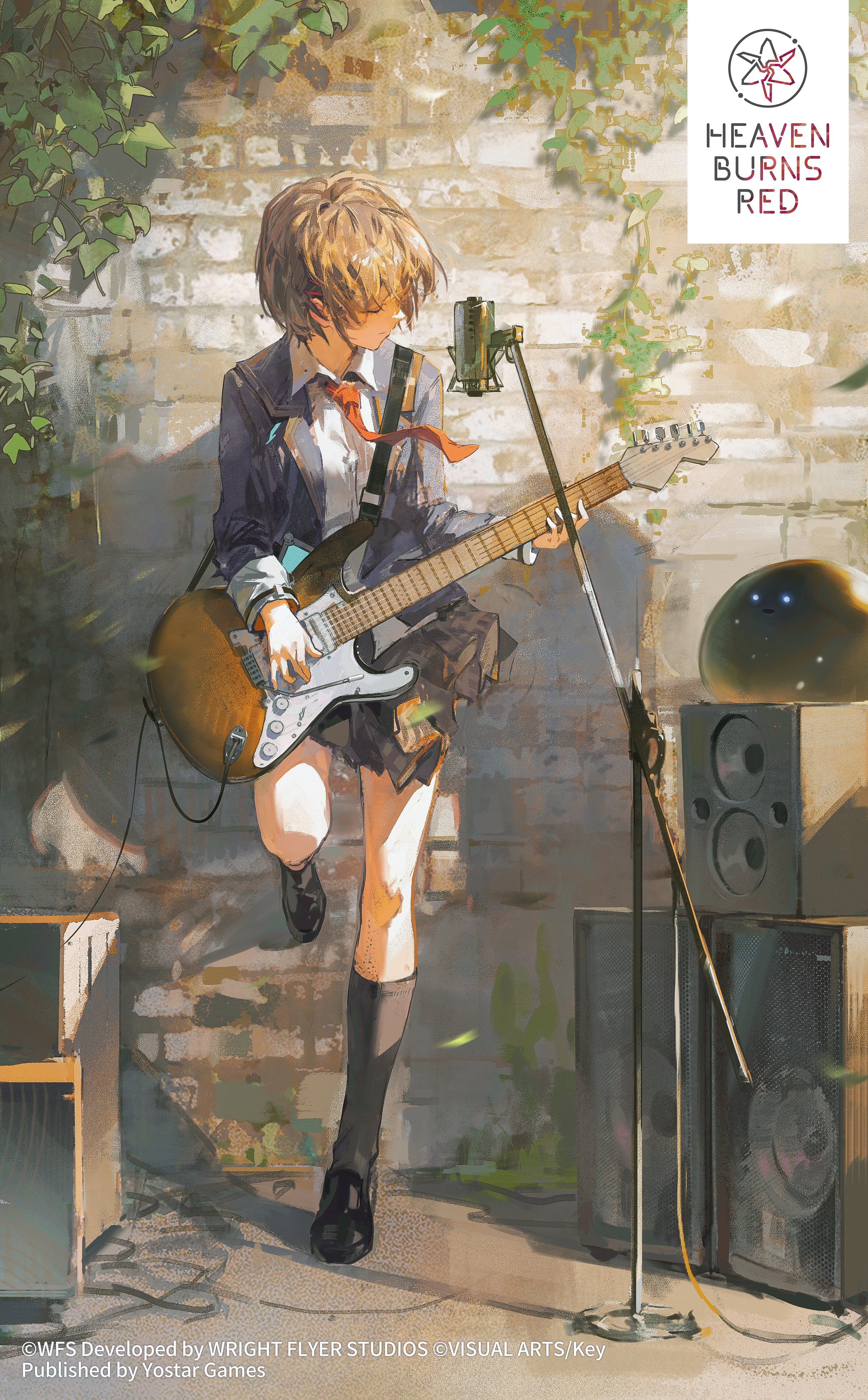 the image is a digital illustration of an animestyle girl with short blonde hair. she's dressed in a school uniform and is playing an electric guitar while standing in front of a brick wall overgrown with greenery.  a microphone is set up, suggesting a performance.  amplifiers and speakers are visible in the background, indicating a musical setting.  the overall style is soft and painterly, with a warm, sunny atmosphere. the logo "heaven burns red" is prominently displayed in the upper right corner, along with a credit line at the bottom.