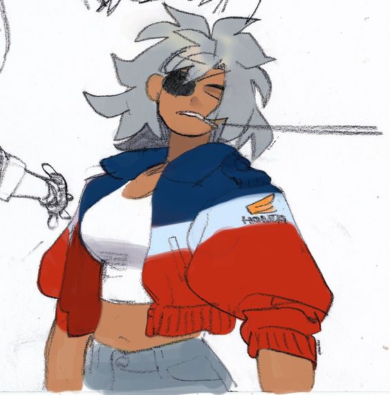 this is a digital sketch of a cool and confident woman. she's depicted from the waist up,  wearing a red, white and blue color block jacket, white crop top and lowslung jeans. she has an eye patch over her right eye and a cigarette dangling from her lips. the art style is loose and expressive, with visible pencil strokes and a warm color palette.  this piece could be a character design or fanart.