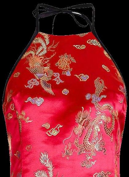 a red halter top with a black halter neck and straps, featuring an oriental pattern of dragons and flowers.
