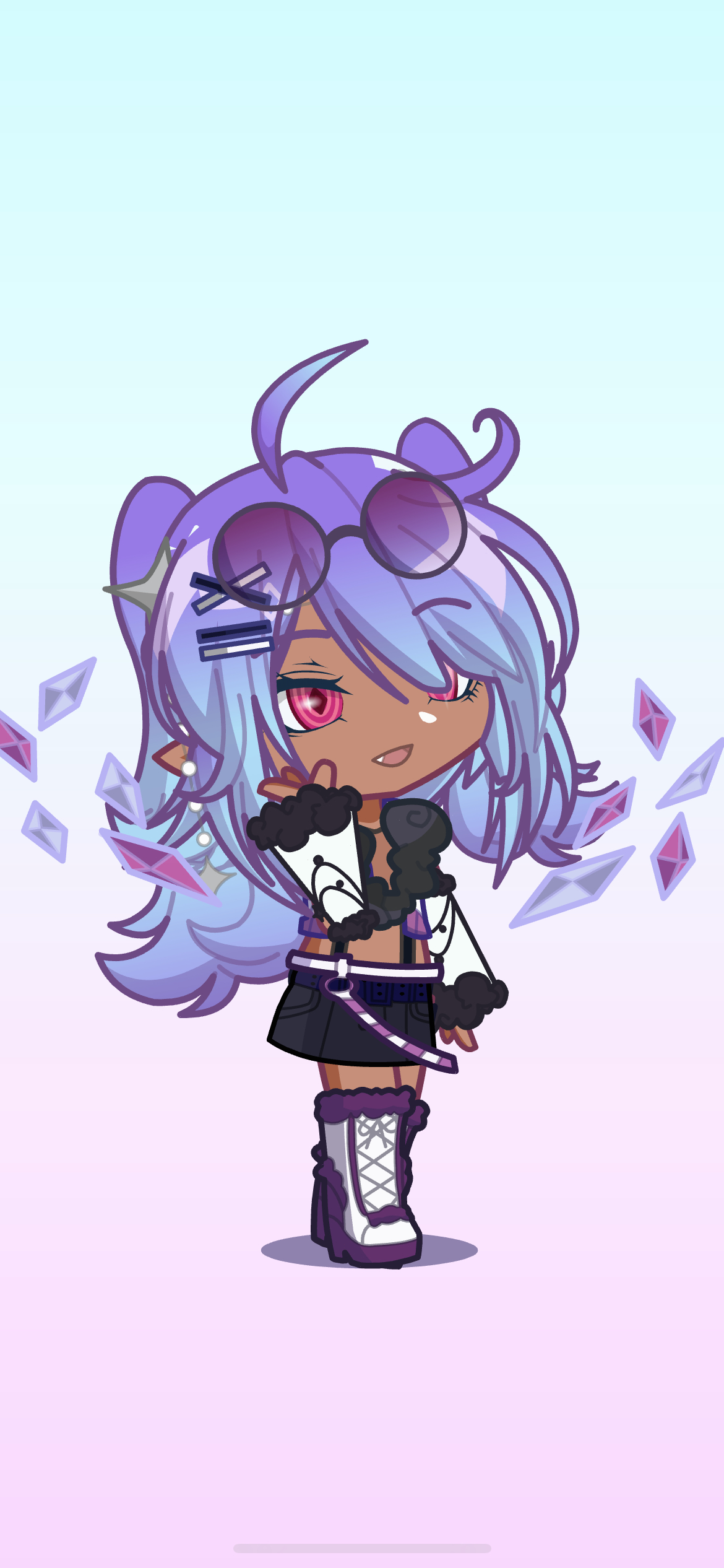 this image shows a cartoon anime girl with purple and blue hair and sunglasses wearing a black and white outfit and boots. she has a cute, kawaii expression and there are pink, blue, and purple sparkles around her. the background is light blue to pink.