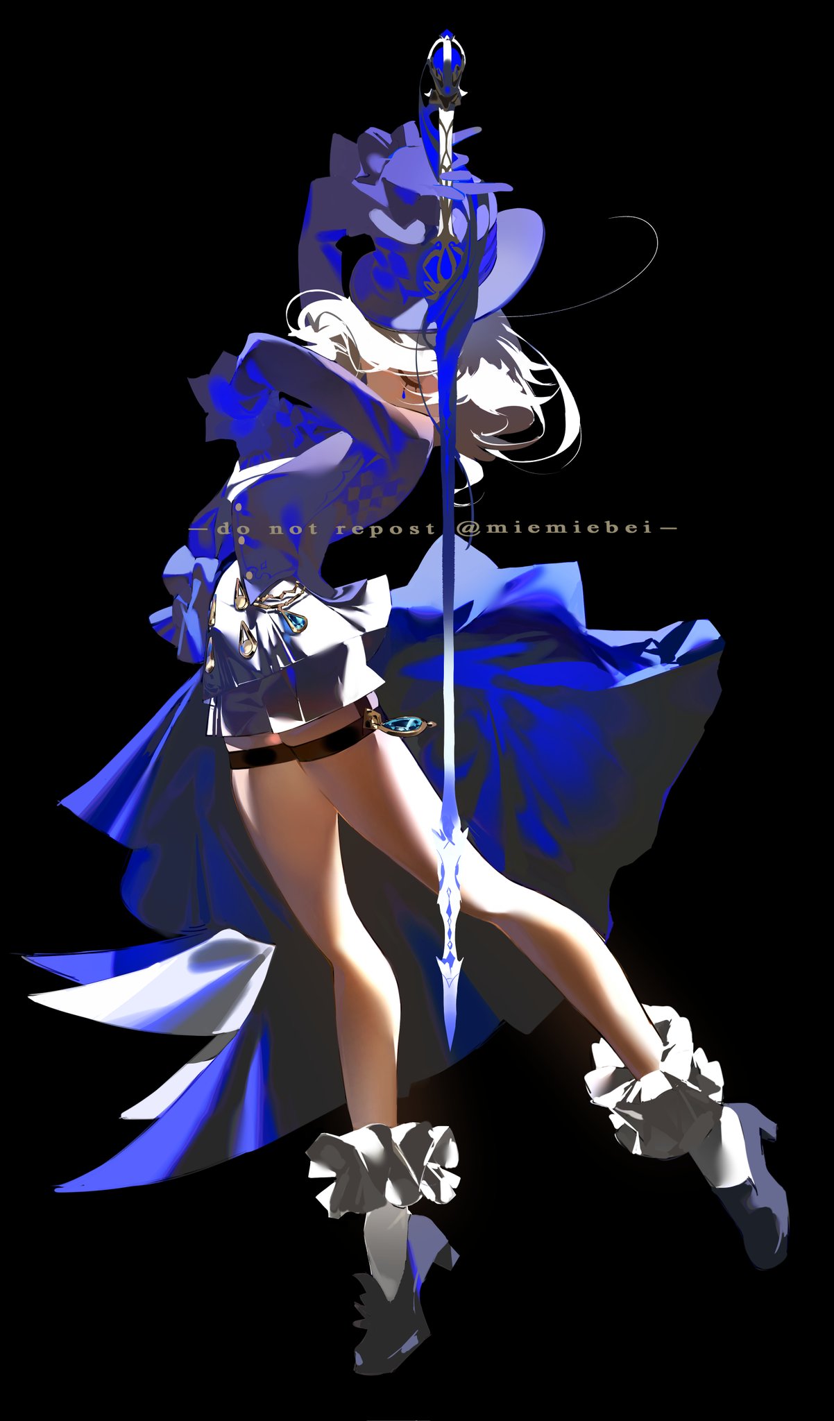 a digital illustration of a girl in a blue dress, holding a sword, standing on a black background. the girl is posing with one leg in the air, her dress billowing out around her. the sword is pointed towards the sky. the girl is animestyled and looks like she is a fictional character.
