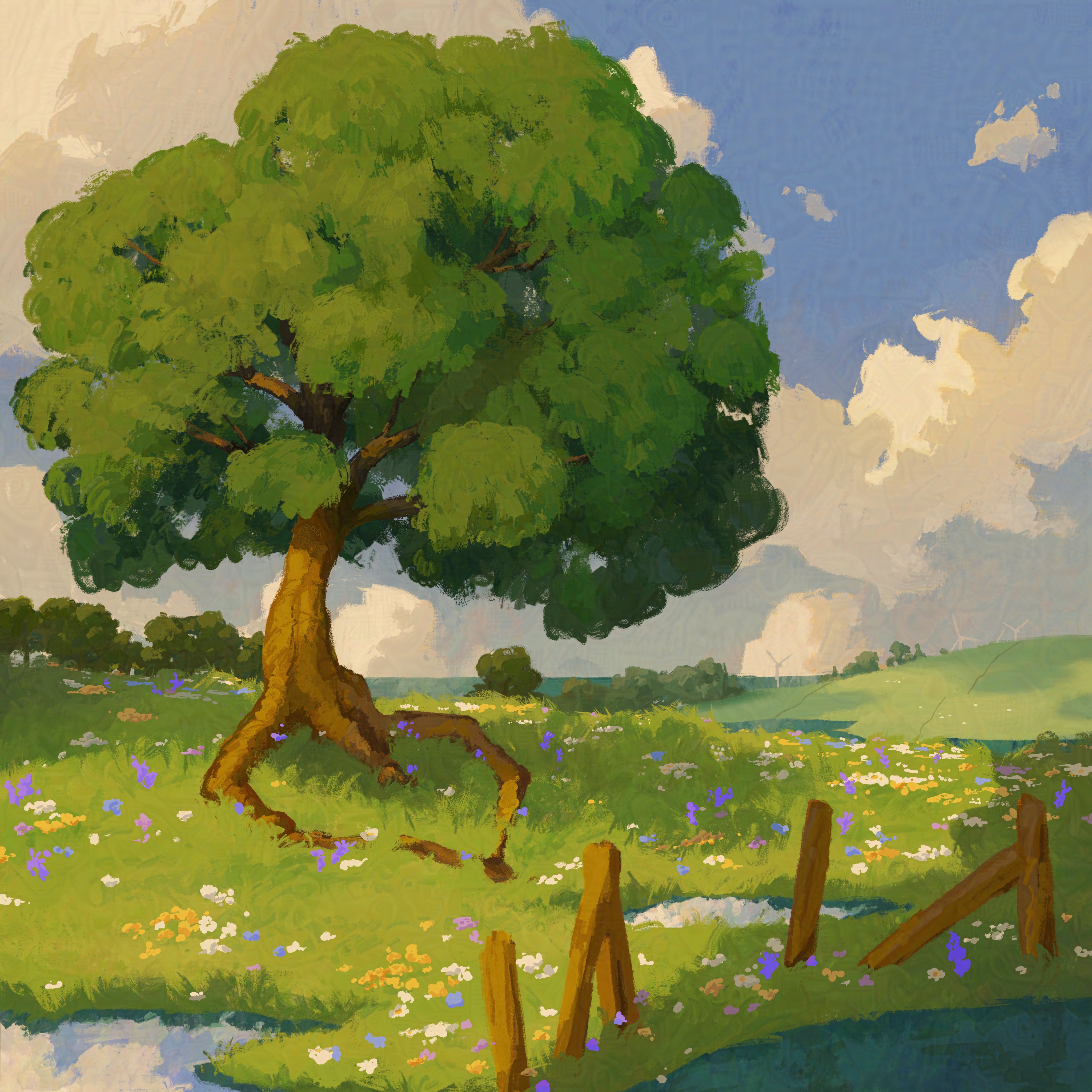 a painterly landscape scene featuring a large, leafy tree in a grassy field with wildflowers. the tree has exposed roots and is surrounded by a wooden fence. in the background, there are rolling hills and a few wind turbines visible under a cloudy sky. the overall style is reminiscent of an impressionistic or postimpressionistic painting.