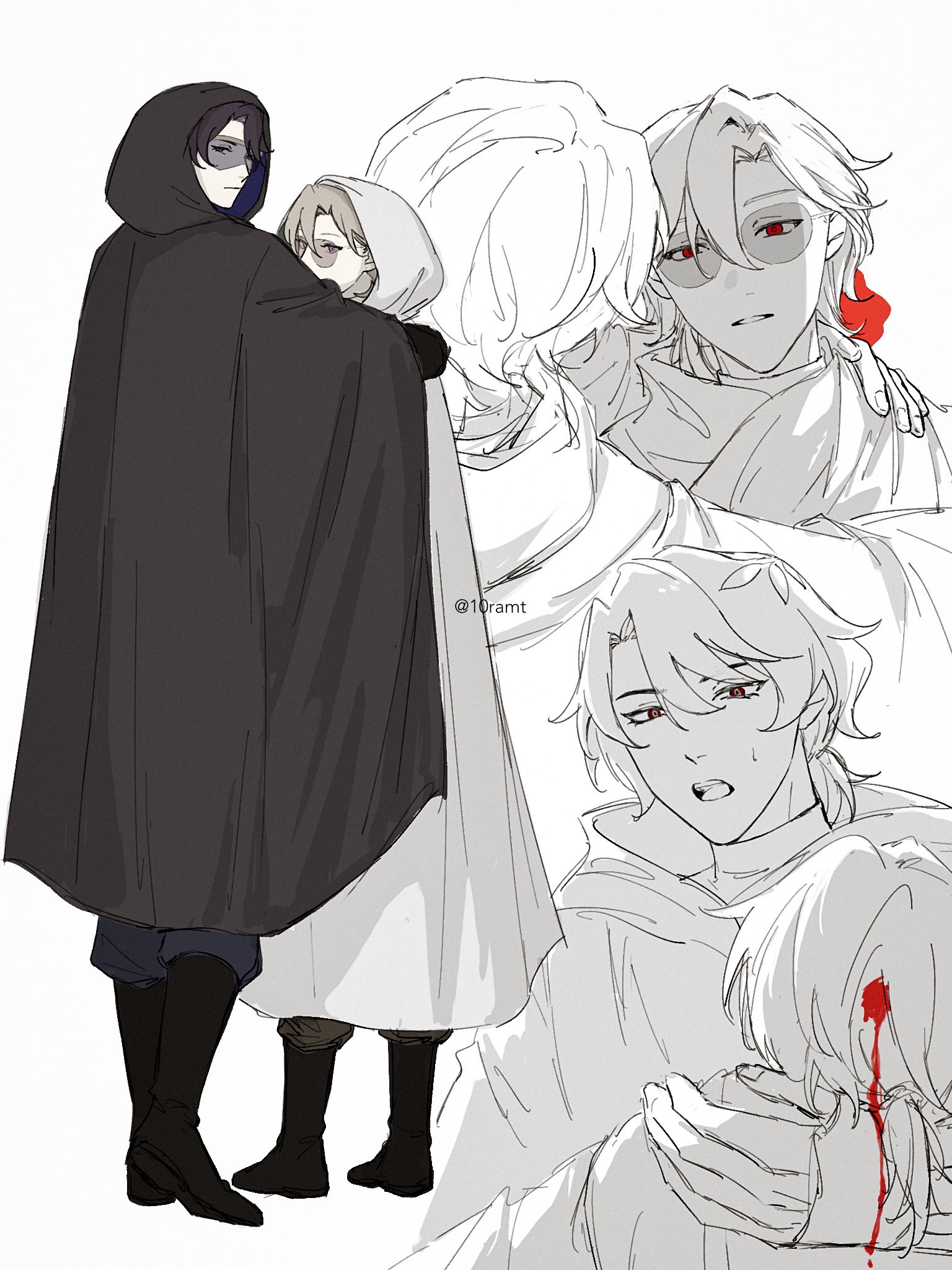 the image is an animestyle illustration featuring several characters, primarily men, in varying states of distress. the artwork is primarily in grayscale with hints of red indicating blood on one character.  the style is sketchy and emotive, conveying a sense of sadness and possibly a tragic event. the characters are depicted in flowing robes and cloaks; some are embracing, while others are injured or appear to be mourning.  the central figures seem to be interconnected, hinting at a narrative or story. the image is not fully rendered, giving a sense of it being a work in progress or a concept sketch.