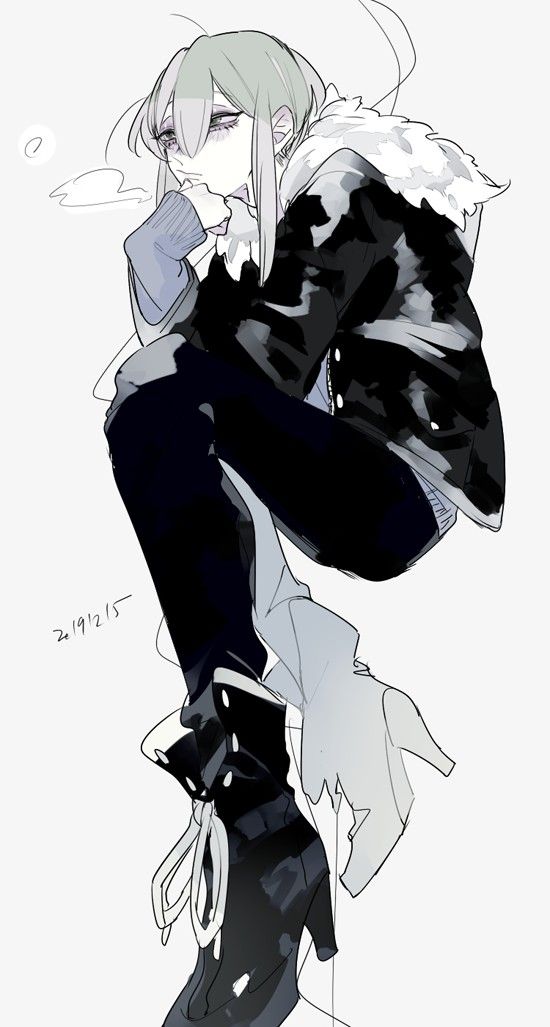 the image is a digital drawing of an animestyle girl. she has long, light green hair and is wearing a black jacket with white fur trim, dark pants, and highheeled boots. she is sitting with her knees bent, and her hands are raised to her face. she appears to be smoking. the style is monochrome with shades of grey and black, creating a sense of moodiness and elegance. the overall impression is one of quiet sadness or contemplation.