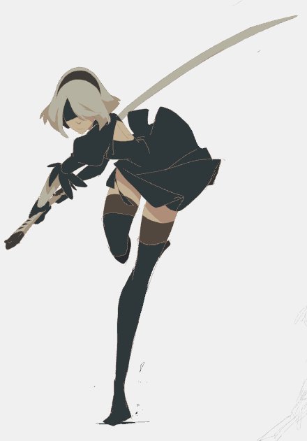 an anime girl with long white hair and black clothing holding a long sword and in an action pose, the drawing is in black and white.