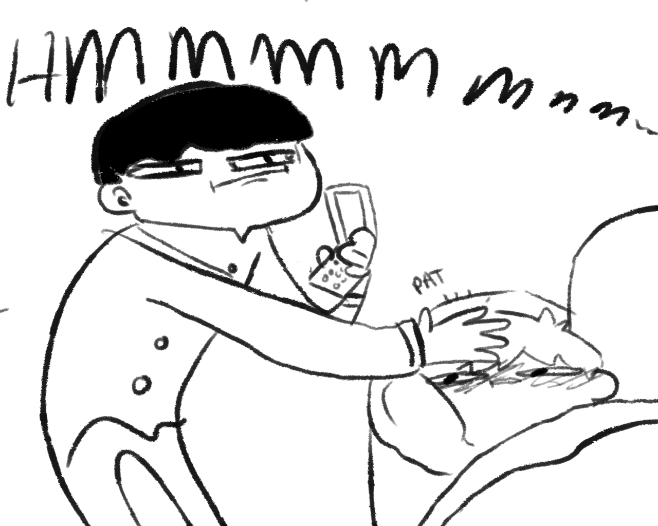 the black and white illustration shows a young man, possibly a teenager, in the midst of a relatable dilemma. positioned on a couch and armed with a tv remote, he's caught in the act of channel surfing, his brow furrowed in deep concentration. his other hand is buried in a bowl of snacks, highlighting the classic struggle between finding something good to watch and satisfying latenight cravings. the simple linework and exaggerated expression amplify his indecisiveness, creating a humorous and engaging scene.
