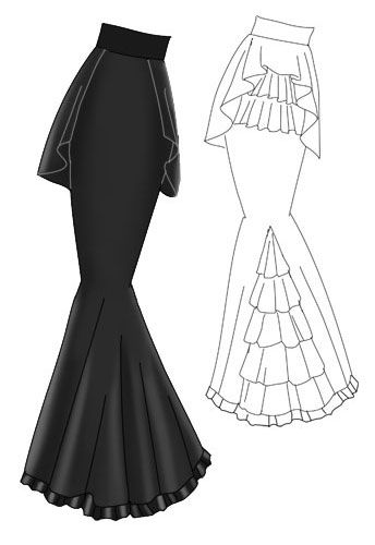 the image shows two illustrations of a dress. one is a black, shaded illustration and the other is a black and white sketch. both dresses are mermaid style, with a fitted top and a flared bottom. the black dress has a simple, sleek design with a ruffle at the hem. the sketch shows a dress with a ruffled overlay at the waist and a ruffled panel down the back.
