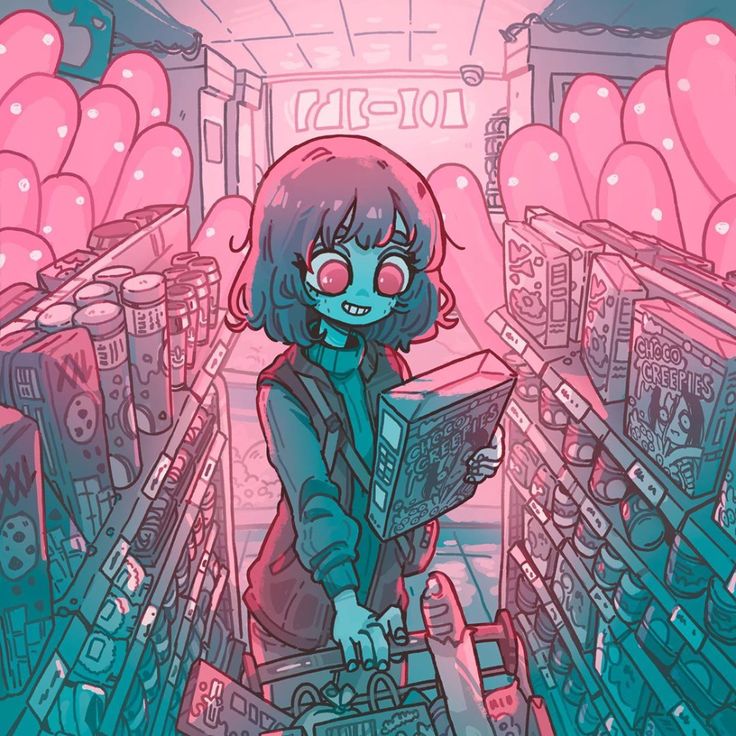 this colorful digital illustration depicts a young woman in a pink and blue anime style. she is holding a box of cereal, walking down the aisle of a supermarket. the supermarket is brightly colored, with pink and blue accents. the woman is surrounded by various items, including candy, food, and snacks.  she is wearing a green sweater, blue pants, and a brown jacket.  there are also pink balloons in the background. the entire image is created in a playful and vibrant style.