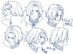 this image consists of six sketches of the same male character's face and neck from different angles. the sketches are line drawings on white paper. the character has long hair, parted in the middle, with bangs that frame his face. he's wearing a highcollared jacket with some kind of detailing on the collar. the drawings seem to capture different expressions. there's some japanese text written on the paper.
